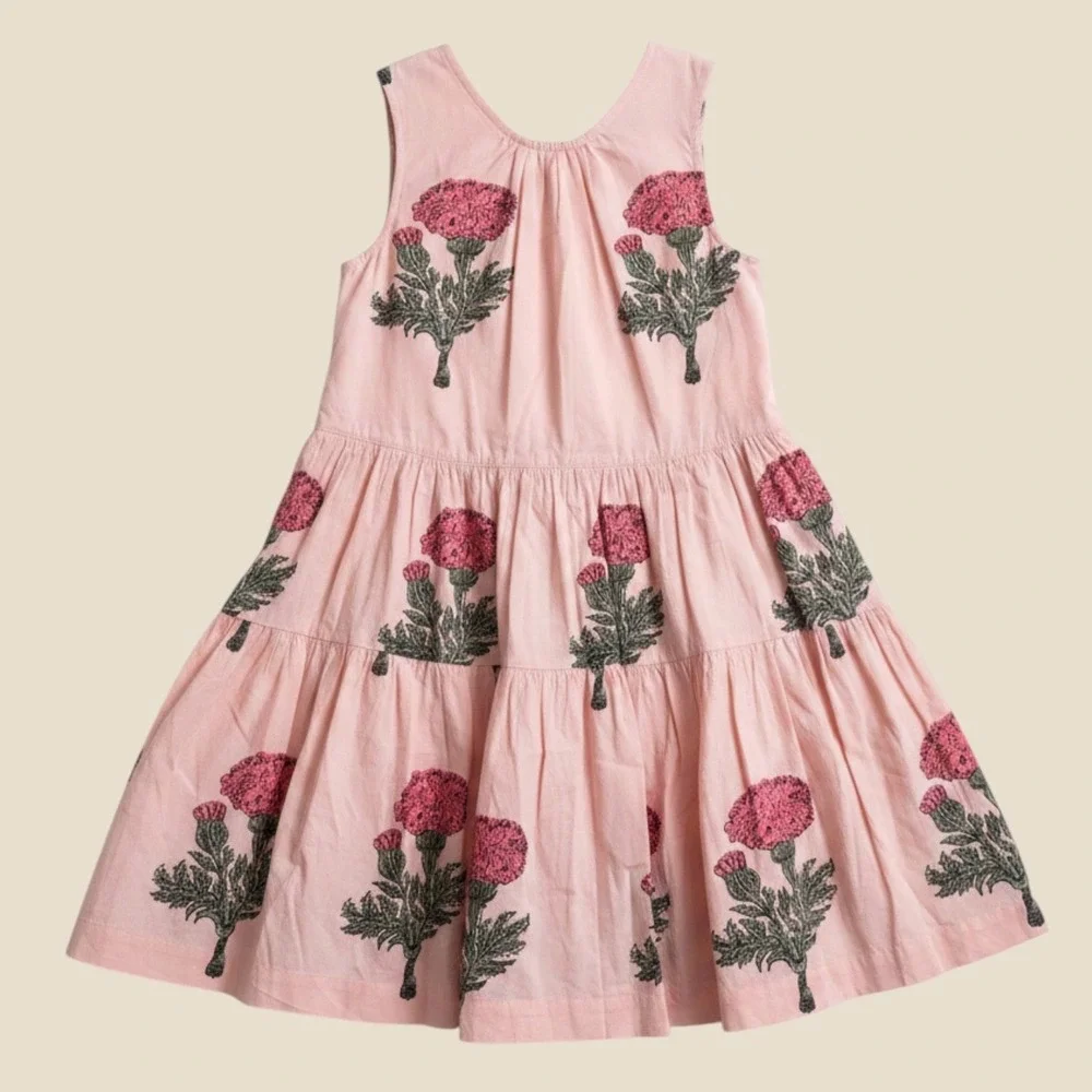 Pink Chicken Girls Pink Thistle Block Print Tiered Cotton Bow Back Dress 10Y NEW